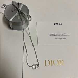 Christian Dior Necklace Chain Choker Silver Short Chain Navy Stud CD